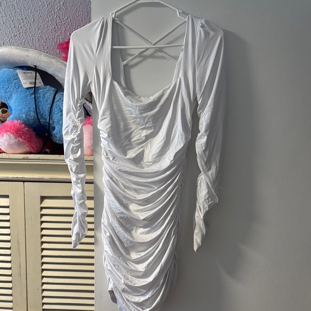 Amazon White Ruched Long Sleeve Dress